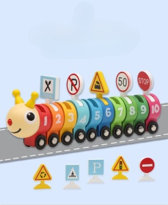 Jucarie Educativa Montessori Tren din Lemn, Omida Colorata cu Cifre, Semne de Circulatie si Roti pentru Miscare Lina, Pentru Copii 2-6 Ani - Img 3