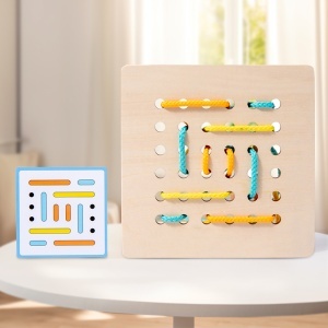 Jucarie Montessori din lemn cu snur de impletit pentru copii, Puzzle pentru antrenarea motricitatii fine, set 2 placi, 6 sfori, 20 carti, Jocuri de gandire logica, Educatie timpurie - Img 6
