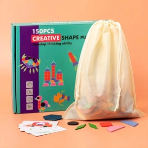 Puzzle Creativ din Lemn Montessori, Set de 150 de Piese cu Forme Geometrice si Cartonase, Jucarie Educativa pentru Copii 3+
