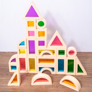 Set de 25 de Blocuri de Constructie 3D, Curcubeu din Lemn si Acril Transparent, Jucarie Educativa pentru Copii 1-6 Ani - Img 3