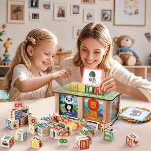 Set de Cuburi din Lemn Montessori, Educatie Timpurie, Invatarea Alfabetului, Joc de Potrivire a Literelor cu 27 de Piese si Cutie Portabila, Educativ pentru Copii 3+ - Img 6