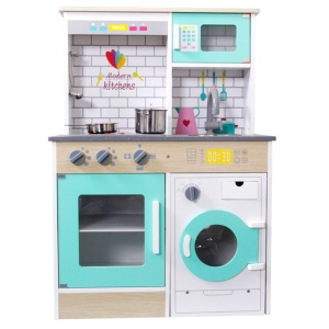 Bucatarie din Lemn Montessori, Set Modern cu Accesorii pentru Gatit, Elemente Detasabile, Set Ustensile, Cuptor cu Butoane, Masina De Spalat, Plita, Microunde si Chiuveta, 88x60x30 cm 3+ Ani
