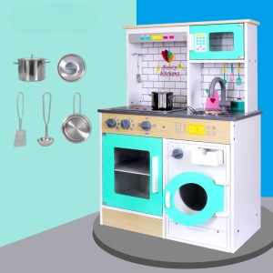 Bucatarie din Lemn Montessori, Set Modern cu Accesorii pentru Gatit, Elemente Detasabile, Set Ustensile, Cuptor cu Butoane, Masina De Spalat, Plita, Microunde si Chiuveta, 88x60x30 cm 3+ Ani - Img 2