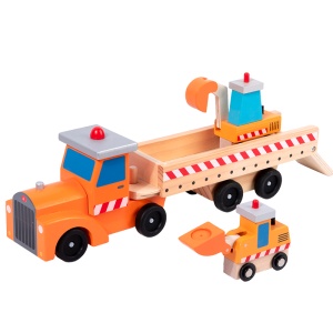 Set Jucarie Montessori Camion Transportator din Lemn cu Excavator si Buldozer, 3-4 Piese, pentru Copii 3+ Ani