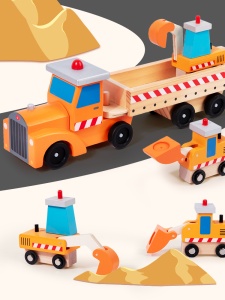 Set Jucarie Montessori Camion Transportator din Lemn cu Excavator si Buldozer, 3-4 Piese, pentru Copii 3+ Ani - Img 5