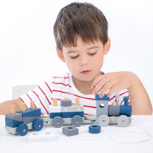 Tren din Lemn Montessori, Joc de Stivuire si Sortare cu Blocuri 3D si Forme, Educativ pentru Copii de 1-4 Ani - Img 2