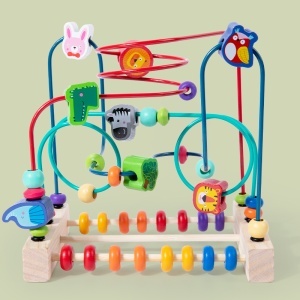Jucarie din Lemn cu Margele pe Circuit, Puzzle Educativ cu Animale Pentru Dezvoltarea Motricitatii Copiilor de 1-3 Ani