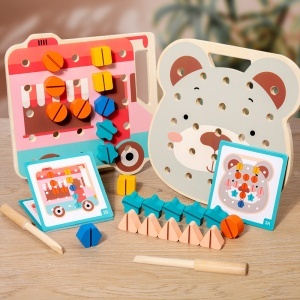 Jucarie din Lemn Interactiva, Placa cu Suruburi, Puzzle pentru Copii, Activitati de Invatare Prescolara, Dezvoltarea Abilitatilor Logice si Motrice, Multicolor - Img 5