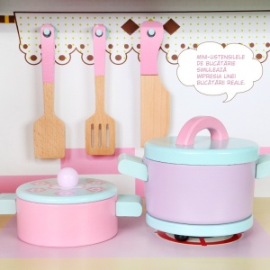 Set Bucatarie Pentru Copii din Lemn Natural, Elemente Detasabile, Set Ustensile, Cuptor cu Butoane, Frigider, Masina De Spalat, Plita, Microunde si Chiuveta, 101 CM Inaltime, Alb/Roz - Img 3