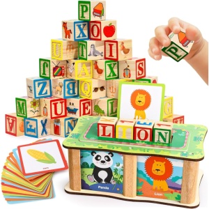 Set de Cuburi din Lemn Montessori, Educatie Timpurie, Invatarea Alfabetului, Joc de Potrivire a Literelor cu 27 de Piese si Cutie Portabila, Educativ pentru Copii 3+