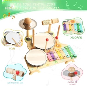 Set Instrumente Muzicale din Lemn Pentru Copii, Jucarie Educativa, Dezvolta Recunoasterea Ritmului si Abilitatile de Concentrare, Perfectioneaza Coordonarea Mana-Ochi, Multicolor, Varsta 1-5 ani - Img 3