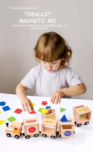 Tren Educativ Montessori din Lemn cu magnet, Identificare a Formelor Geometrice si Clasificare a Culorilor, pentru copii 2 ani+, 35 cm lungime, multicolor - Img 2