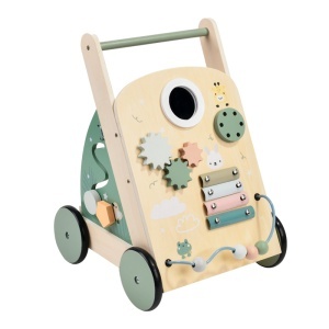 Antemergator Educational si Interactiv, Multifunctional, din Lemn pentru Bebelusi, Jucarie cu 9 Activitati Interactive, 44x33x29 cm, Verde Pastel