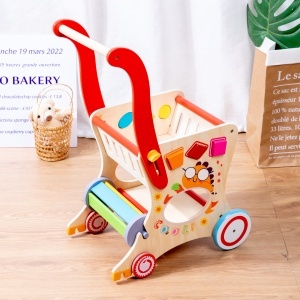 Jucarie Montessori Antemergator Multifunctional 2 in 1 Carucior si Cos de Cumparaturi, Primii Pasi Pentru copii, Joaca si Depozitare, 3 ani+ - Img 5