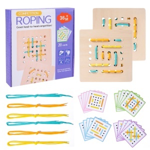 Jucarie Montessori din lemn cu snur de impletit pentru copii, Puzzle pentru antrenarea motricitatii fine, set 2 placi, 6 sfori, 20 carti, Jocuri de gandire logica, Educatie timpurie