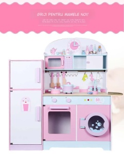 Set Bucatarie Pentru Copii din Lemn Natural, Elemente Detasabile, Set Ustensile, Cuptor cu Butoane, Frigider, Masina De Spalat, Plita, Microunde si Chiuveta, 101 CM Inaltime, Alb/Roz - Img 4