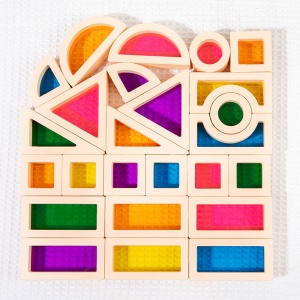 Set de 25 de Blocuri de Constructie 3D, Curcubeu din Lemn si Acril Transparent, Jucarie Educativa pentru Copii 1-6 Ani - Img 4