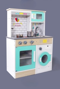 Bucatarie din Lemn Montessori, Set Modern cu Accesorii pentru Gatit, Elemente Detasabile, Set Ustensile, Cuptor cu Butoane, Masina De Spalat, Plita, Microunde si Chiuveta, 88x60x30 cm 3+ Ani - Img 5