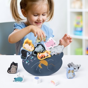 Joc Montessori educatie timpurie, Blocuri din lemn cu pisici pentru copii, Joc de echilibru Pentru Invatare Prescolara - Img 2