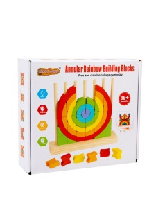 Jucarie din Lemn Masiv pentru Copii, Puzzle 3D cu Inele si Blocuri Curcubeu, 54 de Piese, Interactive pentru Invatarea Culorilor, Educative pentru Prescolari - Img 2