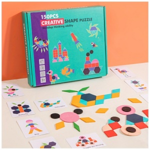 Puzzle Creativ din Lemn Montessori, Set de 150 de Piese cu Forme Geometrice si Cartonase, Jucarie Educativa pentru Copii 3+ - Img 6