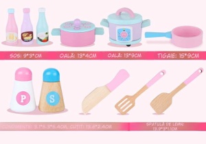 Set Bucatarie Pentru Copii din Lemn Natural, Elemente Detasabile, Set Ustensile, Cuptor cu Butoane, Frigider, Masina De Spalat, Plita, Microunde si Chiuveta, 101 CM Inaltime, Alb/Roz - Img 5