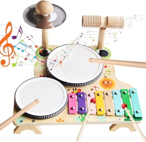 Set Instrumente Muzicale din Lemn Pentru Copii, Jucarie Educativa, Dezvolta Recunoasterea Ritmului si Abilitatile de Concentrare, Perfectioneaza Coordonarea Mana-Ochi, Multicolor, Varsta 1-5 ani - Img 1