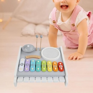 Set Muzical din Lemn Montessori 2 in 1, Xilofon si Toba, Vopsea pe Baza de Apa Non Toxica, Jucarie Educativa Multicolora pentru Copii 1-4 Ani