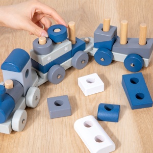 Tren din Lemn Montessori, Joc de Stivuire si Sortare cu Blocuri 3D si Forme, Educativ pentru Copii de 1-4 Ani - Img 5