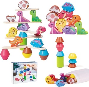 Set Educativ de Echilibru Montessori cu Dinozauri, Balanta si Blocuri de Constructie din Lemn, Jucarie Multicolora pentru Copii 1-5 Ani, Cadoul Ideal pentru Dezvoltarea Motricitatii Fine - Img 1