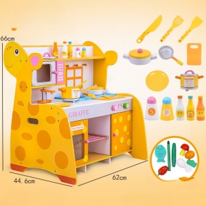 Bucatarie din Lemn Montessori Girafa, Galbena, Set Complet pentru Gatit, Chiuveta, Cuptor, Microunde, Ustensile si Accesorii de Bucatarie, 66x62x44, 6 cm, 3+ Ani - Img 2