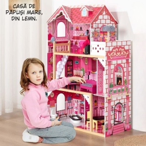 Casuta De Papusi Din Lemn cu Mobilier, Scara si Lift, 3 Nivele Compuse Din Terasa Si Acoperis, 4 Camere cu Design Unic, Dimensiuni: 121 cm x 83 x 38, 3, Roz - Img 2