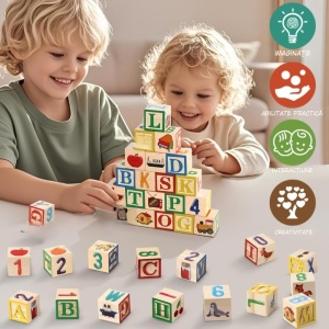 Set de Cuburi din Lemn Montessori, Educatie Timpurie, Invatarea Alfabetului, Joc de Potrivire a Literelor cu 27 de Piese si Cutie Portabila, Educativ pentru Copii 3+ - Img 2