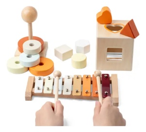 Set Multifunctional din Lemn Montessori 5 in 1, Inele de Stivuit, Sortator de Forme si Xilofon, Jucarie Educativa pentru Copii 1-4 Ani - Img 2