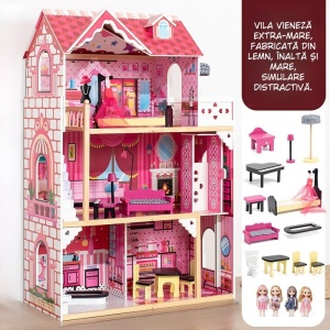 Casuta De Papusi Din Lemn cu Mobilier, Scara si Lift, 3 Nivele Compuse Din Terasa Si Acoperis, 4 Camere cu Design Unic, Dimensiuni: 121 cm x 83 x 38, 3, Roz - Img 3