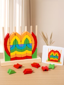 Jucarie din Lemn Masiv pentru Copii, Puzzle 3D cu Inele si Blocuri Curcubeu, 54 de Piese, Interactive pentru Invatarea Culorilor, Educative pentru Prescolari - Img 5