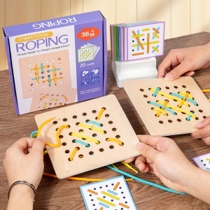 Jucarie Montessori din lemn cu snur de impletit pentru copii, Puzzle pentru antrenarea motricitatii fine, set 2 placi, 6 sfori, 20 carti, Jocuri de gandire logica, Educatie timpurie - Img 3
