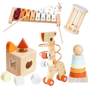 Set Multifunctional din Lemn Montessori 5 in 1, Inele de Stivuit, Sortator de Forme si Xilofon, Jucarie Educativa pentru Copii 1-4 Ani