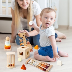 Set Multifunctional din Lemn Montessori 5 in 1, Inele de Stivuit, Sortator de Forme si Xilofon, Jucarie Educativa pentru Copii 1-4 Ani - Img 3