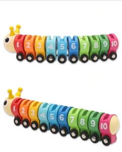 Jucarie Educativa Montessori Tren din Lemn, Omida Colorata cu Cifre, Semne de Circulatie si Roti pentru Miscare Lina, Pentru Copii 2-6 Ani