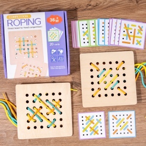 Jucarie Montessori din lemn cu snur de impletit pentru copii, Puzzle pentru antrenarea motricitatii fine, set 2 placi, 6 sfori, 20 carti, Jocuri de gandire logica, Educatie timpurie - Img 4