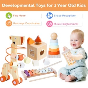 Set Multifunctional din Lemn Montessori 5 in 1, Inele de Stivuit, Sortator de Forme si Xilofon, Jucarie Educativa pentru Copii 1-4 Ani - Img 4