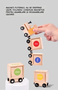 Tren Educativ Montessori din Lemn cu magnet, Identificare a Formelor Geometrice si Clasificare a Culorilor, pentru copii 2 ani+, 35 cm lungime, multicolor - Img 4