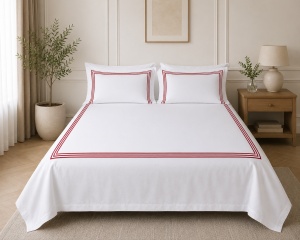 Lenjerie de Pat MĚISO cu Chenar Rosu 240x260 cm din Bumbac 100% TC250 - Img 3