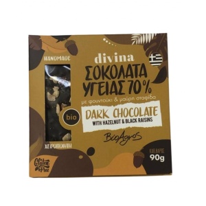 Ciocolata neagra (70% Cacao) cu Stafide si Alune, Divina, ECO, 90g (fara gluten)