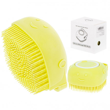 Perie din silicon cu dozator de sampon pentru spalare caini sau pisici, 7,5 x 7,5 cm, culoare galben
