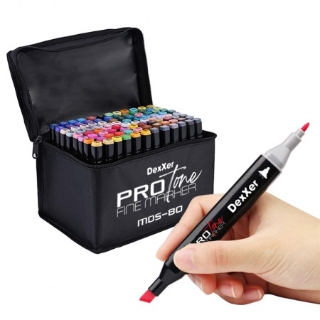 Set 80 Markere Profesionale pentru pasionatii de desen, cu cap dublu gros - subtire, cu geanta de depozitare, model AVX-WT-MDS-80