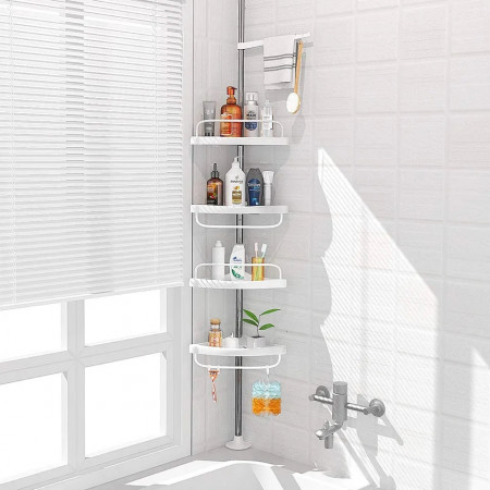 Organizator baie, raft de baie de tip "coltar" cu brat telescopic, cu 4 etajere si suport pentru prosop