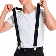 Bretele elegante pentru pantaloni, inguste, tip Y cu 3 catarame, culoare Albastru Marin