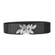 Curea elastica lata, culoare neagra, cu catarama metalica FRUNZE - Img 5
